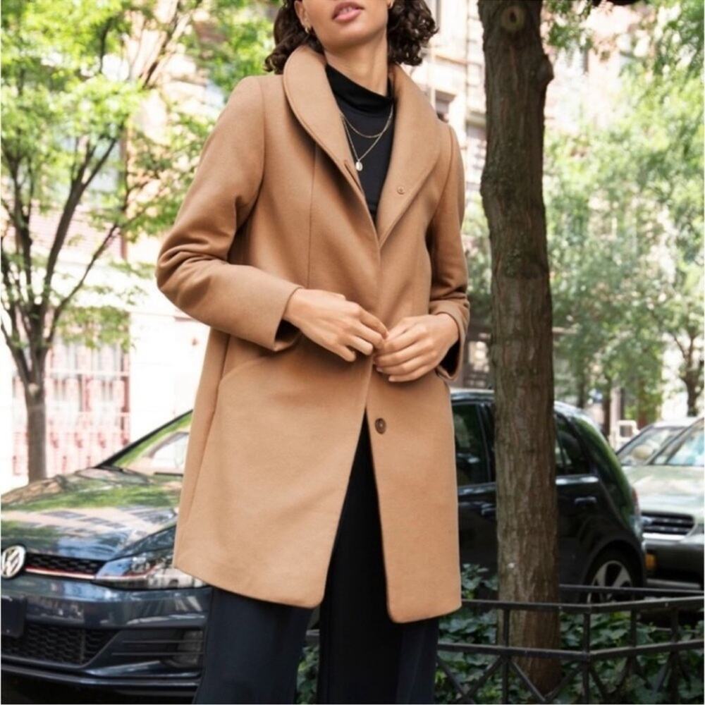Aritzia‎ Wilfred Cocoon Coat in Tan Mid Length Funnel Neck Wool Blend Size Small